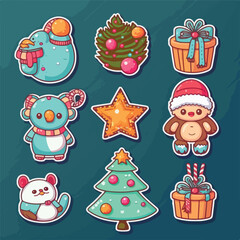 A set of christmas decoration, xmas attribute printable sticker collection sheet. New-year holidays