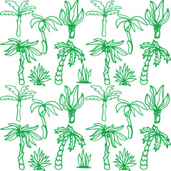 Palm trees silhouettes. Tropical botany, hawaiian coconut palm vintage silhouettes. Exotic green trees vector illustration set. Silhouette tree palm with leaf, beach plant
