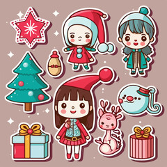 A set of christmas decoration, xmas attribute sticker collection isolated decoration. Winter collection
