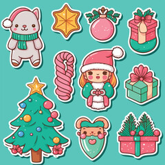 A set of christmas decoration, xmas attribute ornament sticker collection. Winter collection
