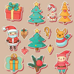 Fototapeta premium A set of christmas decor, xmas attribute sticker collection elements. Winter holidays