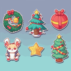 Naklejka premium A set of christmas decor, xmas attribute sticker collection pack. Winter collection