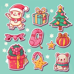 Christmas decoration sticker set, xmas attribute sticker collection isolated decoration. Winter collection