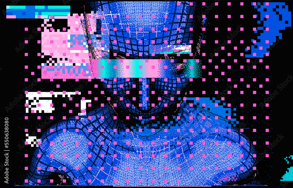 Poster 3d model of a woman on a glitched and pixelated background. concept of an artificial intelligence an