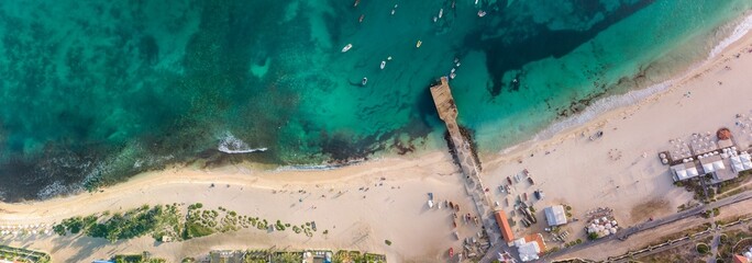 Beach and coast on Sal Island in Cape Verde, tropical Atlantic Ocean water from the drone