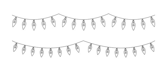 One continuous line drawing of Christmas garland with light bulbs. Festive festoon xmas string and divider border in simple linear style. Editable stroke. Doodle vector illustration