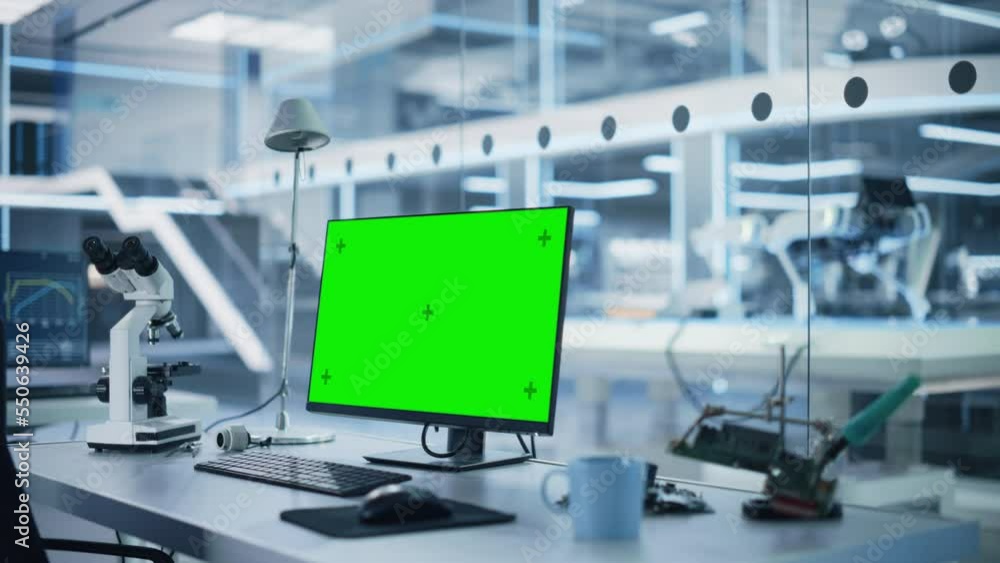 Aufkleber Modern Industrial Research Laboratory with Desktop Computer with Green Screen Mock Up Display. Scientific Lab, Engineering Research Center Full of High-Tech Equipment, Technology for Robot Development