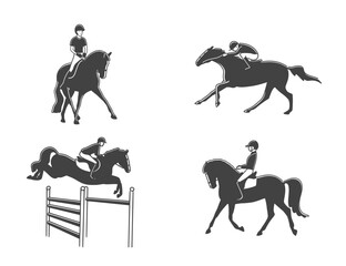 Horses and riders stylized silhouettes, equestrian, dressage, show jumping, horse racing