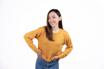 Young asian woman, professional entrepreneur standing in office, smiling and looking confident, white background