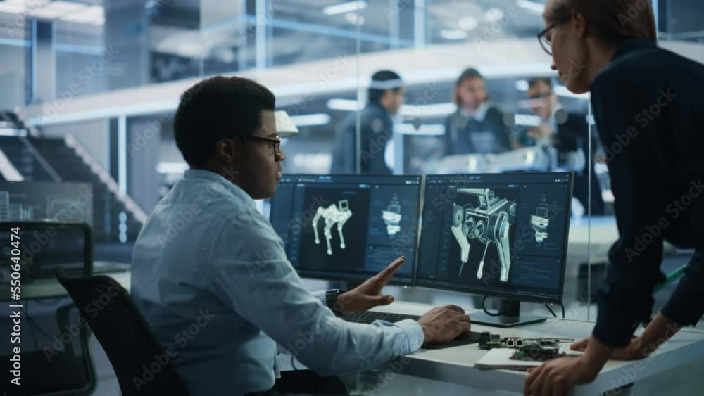 Poster Automation Development Factory: Project Manager and Software Developer Talk, Point at Computer with 3D Robot Dog Model. Engineering Specialists Working on Robot Development in the Background.