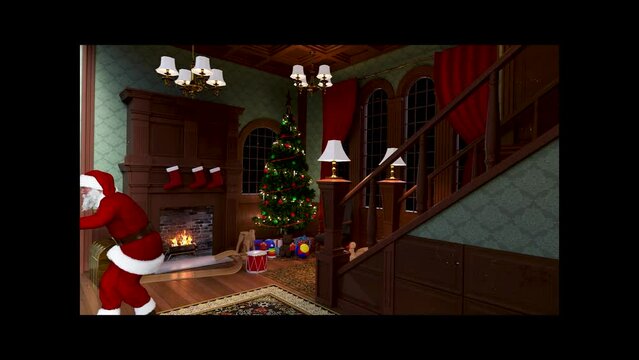 Santa Clause Sinking Out Of The Room After Putting Present Under The Tree, 3d Animation