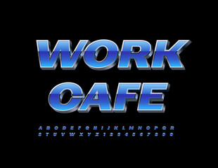 Vector modern Sign Work Cafe. Blue and Silver 3D Font. Trendy Alphabet Letters and Numbers. 