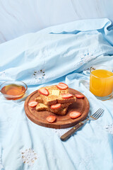 French toast garnished with strawberries. Healthy morning breakfast.