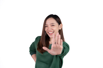 Young asian woman, professional entrepreneur standing in office, smiling and looking confident, white background