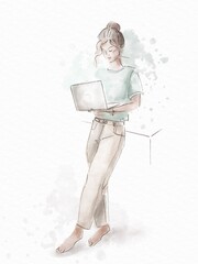 Watercolor digital drawing of a girl who stands with a laptop in her hands, communicates via video link. Modern fashion illustration in pastel colors. Nice woman works at the computer.