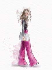 Fashion watercolor digital drawing on watercolor paper. A beautiful girl in pink pants walks with a laptop in her hand. Drawn fashionable girl with long hair in profile.