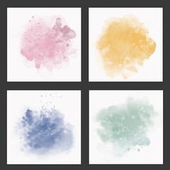 Colorful splashes of watercolor paint on white watercolor paper. Set of 4 square patterns. The basis backgrounds for postcards, decorative cards, signatures. 