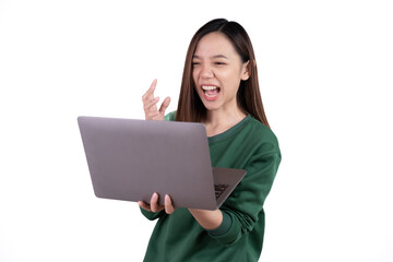 Shocked young adult asian woman working on laptop compute isolated white background.