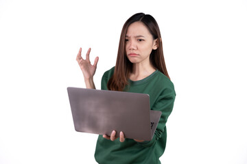 Shocked young adult asian woman working on laptop compute isolated white background.