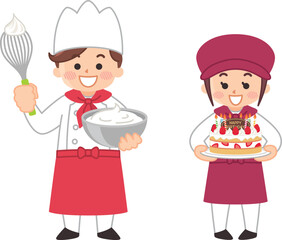 パティシエの男女　イチゴケーキ　ケーキ屋