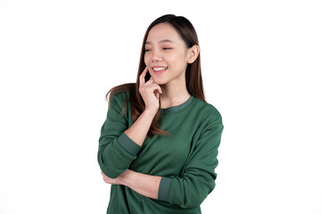 Woman over isolated on white background thinking about question, pensive expression. Girl with thoughtful face. Doubt concept.