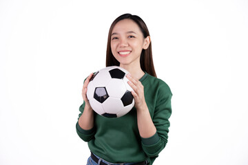 Happy Asian woman football fan cheer up support favorite team with soccer ball isolated on white background.