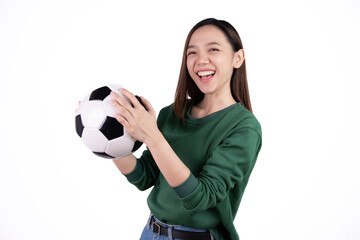 Happy Asian woman football fan cheer up support favorite team with soccer ball isolated on white background.