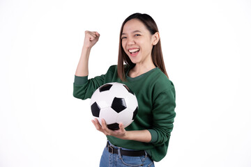 Happy Asian woman football fan cheer up support favorite team with soccer ball isolated on white background.