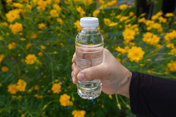 hand holding a small mineral water bottle