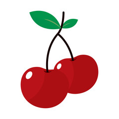 Fresh Cherries with leaf. Vector illustration. Shiny delicious cherry. Delicious fruit with vitamins. two red and sweet cherries. Cherry couple. Market fruits. Healthy nutrition.