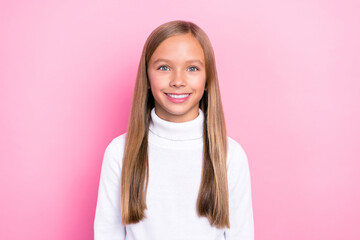 Photo of sweet cheery satisfied girl toothy smile dressed trendy white pullover outfit isolated on pink color background
