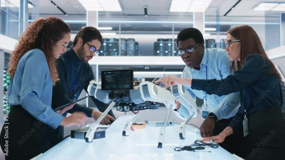 Poster Young Group of Multicultural Engineers Use Tablet and Laptop Computers, Analyze and Discuss How a Futuristic Robot Dog Works. High Tech Research Laboratory with Modern Equipment.