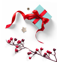 holly berry decoration and Christmas gift box with a red bow on a white background; design element...