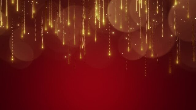 String light falling with bokeh background. red colour background. gold bokeh motion. copy space. for display and led stage.