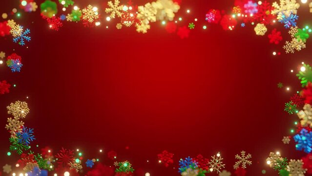 Christmas snowflakes frame with lights and particles on red background. coloured christmas theme. Particles glowing flicker.4k Resolution.New Years, Holidays concept.