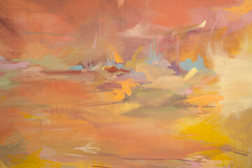 Modern art. Closeup view of a vivid and colorful abstract painting. Strong brushwork texture, pattern and colors.