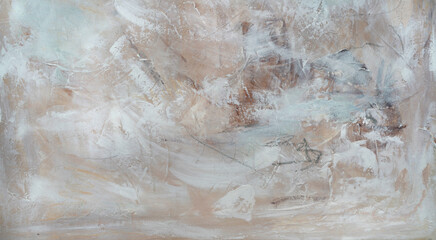 Abstract modern art. Closeup view of a contemporary painting with beautiful brush texture and white color palette.