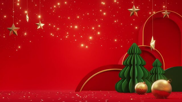 3d cylinder pedestal podium with geometric pipe tree. gold sphere ball on ground.Minimal merry christmas scene for Promotion display. in studio room. red wall background. 4k resolution