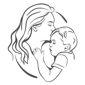 Mom and baby. Realistic silhouette. Sketch. Mother hugs child. The concept of love, motherhood, health, childbearing, happy childhood. 
Breast-feeding. Emblems and labels, for mascot or logo design