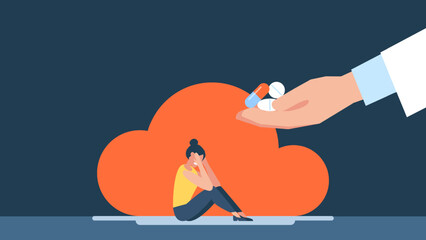 Hand giving pills to sad woman who holds his head with hands. Antidepressant saving tiny person from depression. Help in treatment. Medicines. Pills. Medicine, stress concept. Vector illustration.