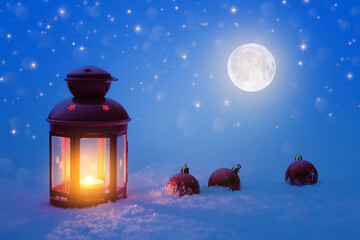 Christmas moonlight with a lantern, Christmas tree toys on the background of the starry sky. Christmas card