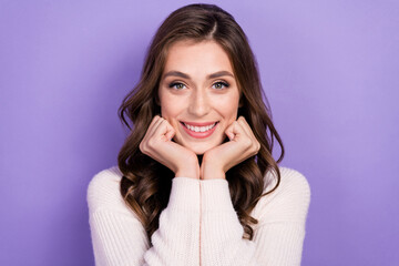 Portrait of young adorable brunette hair nice woman wear white jumper touch cheeks enjoy herself...