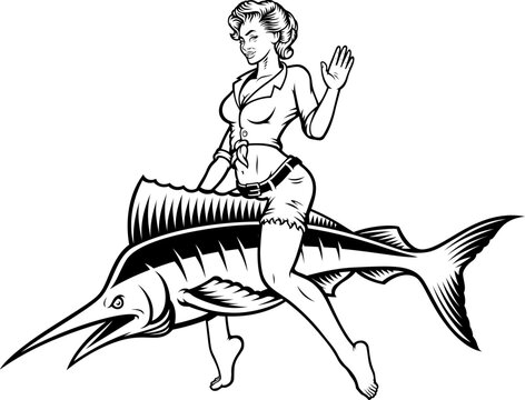 Black and white vector illustration of pin up girl