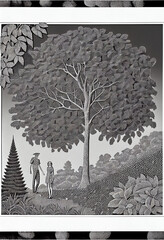 Lush black and white illustration of a forest with people and plants living in harmony. Highly detailed.