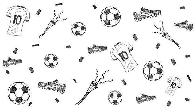Animation with soccer balls, football boots, number 10 jerseys, bugles and confetti in black pencil stroke on white background, cartoon, art.