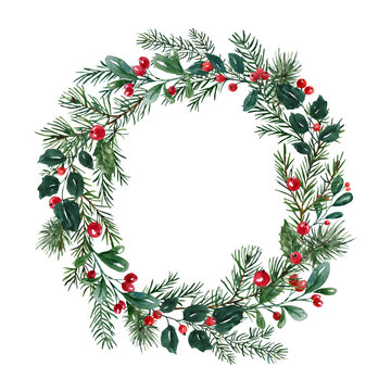 Festive holiday frame watercolor illustration. Christmas greenery and holly wreath, isolated on white background.