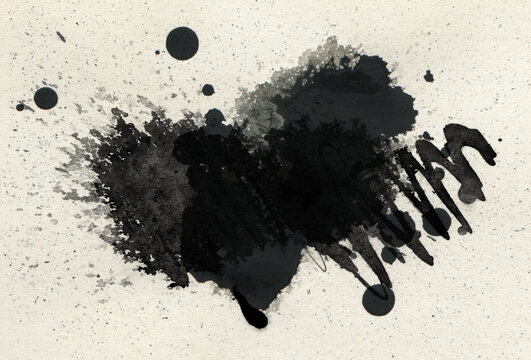 Black Watercolor And Ink Blot Drops On Paper Beige Texture Copy Space Bakground.