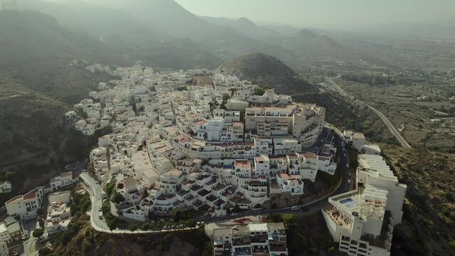 Aerial shot, drone point of view charming ancient village of Mojacar, located in southeast of the Province of Almer&iacute;a (Andalucia) in southern Spain. Travel destinations, holidays, spanish landmarks