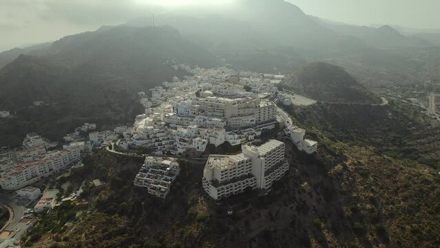 Aerial shot, drone point of view charming ancient village of Mojacar, located in southeast of the Province of Almer&iacute;a (Andalucia) in southern Spain. Travel destinations, holidays, spanish landmarks