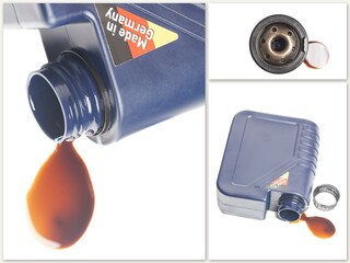 Collage with open engine oil bottle with a puddle of engine oil isolated on white background.
